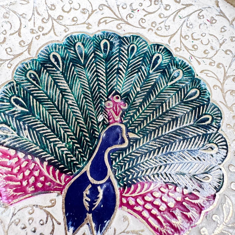 Vintage Indian Brass‎ Peacock Enamel Trinket Dish 4" Gold Filigree Boho Decor - Picture 2 of 6